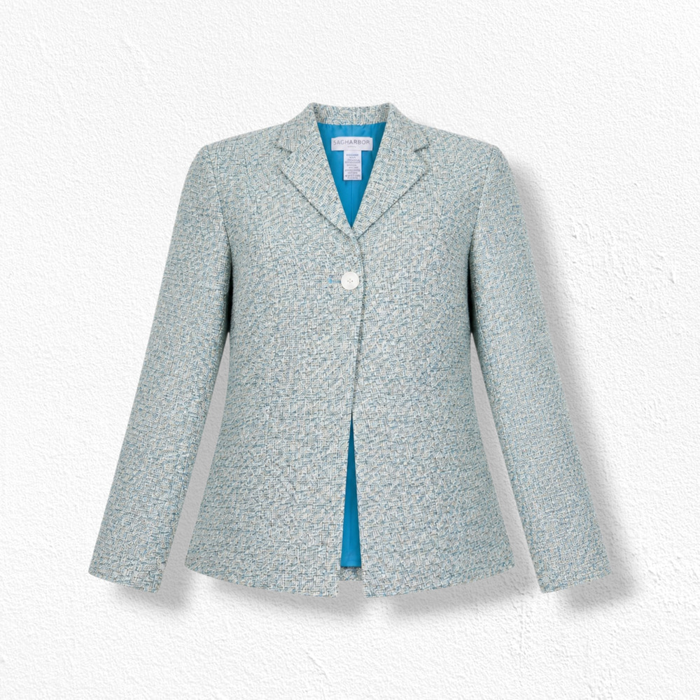 Vintage Y2K Sag Harbor Blue Teal Tweed Boucle Blazer Jacket Size 10P Petite